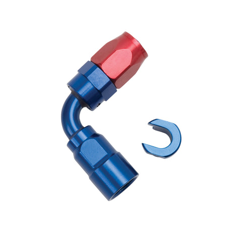 Russell Performance 5/16in SAE Quick Disc Female to -6 Hose Red/Blue 90 Degree Hose End - 611270