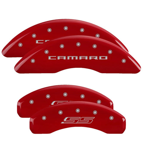 MGP 4 Caliper Covers Engraved Front Gen 5/Camaro Engraved Rear Gen 5/SS Red finish silver ch - 14241SCS5RD