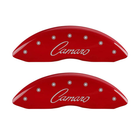 MGP 4 Caliper Covers Engraved Front & Rear Cursive/Camaro Red finish silver ch - 14033SCCSRD