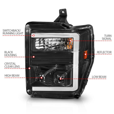 ANZO 08-10 Ford F-250 - F-550 Super Duty Projector Headlights w/ Light Bar Switchback Black Housing - 111586