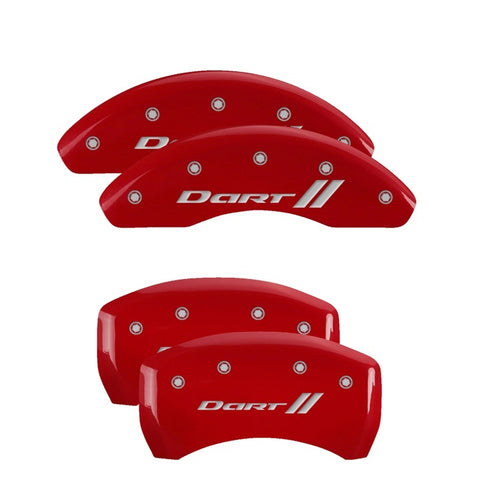 MGP 4 Caliper Covers Engraved Front & Rear With stripes/Dart Red finish silver ch - 12199SDRTRD