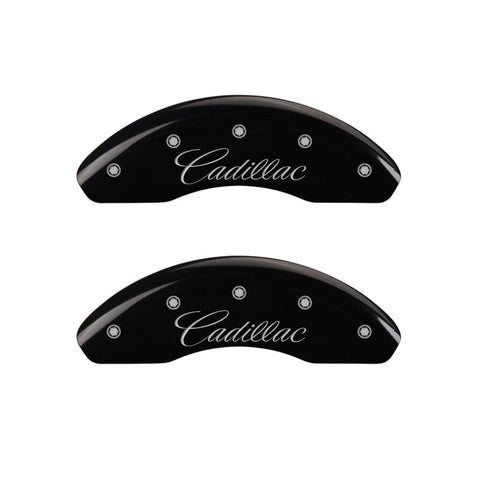 MGP 4 Caliper Covers Engraved Front & Rear Cursive/Cadillac Black finish silver ch - 35023SCADBK