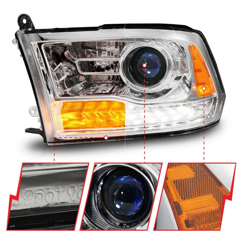 ANZO 09-18 Dodge Ram 1500/2500/3500 LED Plank Style Headlights Switchback + Sequential - Chrome - 111610