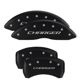 MGP 4 Caliper Covers Engraved Front & Rear With stripes/Dodge Black finish silver ch - 12181SDD3BK