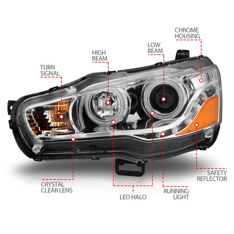 ANZO 2008-2015 Mitsubishi Lancer Projector Headlights w/ Halo Chrome (CCFL) - 121427