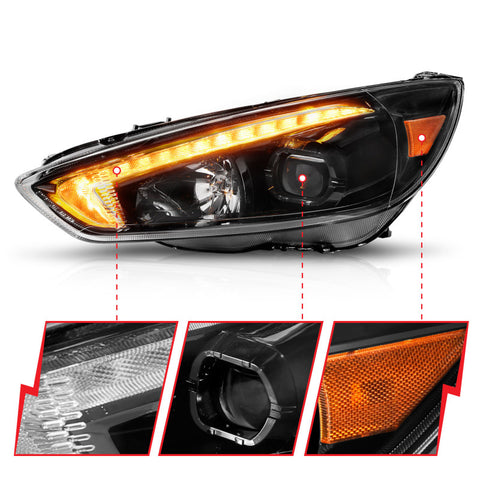 ANZO 15-18 Ford Focus Projector Headlights - w/ Light Bar Switchback Black Housing - 121564