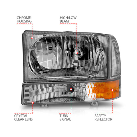 ANZO 2000-2004 Ford Excursion Crystal Headlights Chrome w/ Corner Lights 2pc - 111081