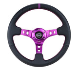 NRG Reinforced Steering Wheel (350mm / 3in. Deep) Black Leather w/Purple Center & Purple Stitching - RST-006PP