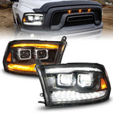 ANZO 09-18 Dodge Ram 1500/2500/3500 Full LED Proj Headlights w/Switchback Light Bar - Black - 111595