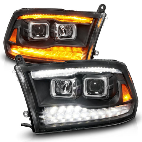ANZO 09-18 Dodge Ram 1500/2500/3500 Proj HL Headlights Switchback + Sequential - Black Amber - 111611