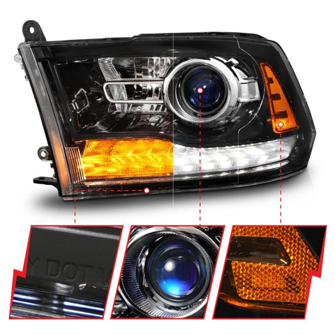 Anzo 09-18 Dodge 1500-3500 LED Plank Style Headlights w/Switchback+Sequential Hyper Black (OE Style) - 111608