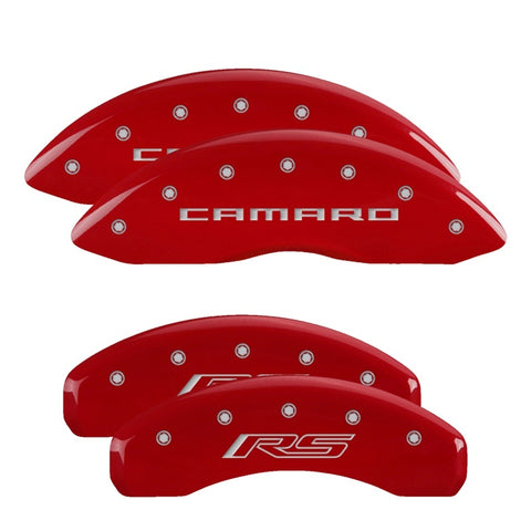 MGP 4 Caliper Covers Engraved Front Gen 5/Camaro Engraved Rear Gen 5/RS Red finish silver ch - 14033SCR5RD