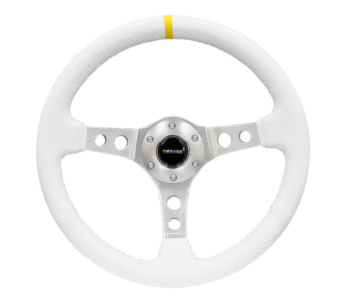 NRG Reinforced Steering Wheel (350mm / 3in. Deep) Wht Leather w/Silver Spoke & Single Yellow Mark - RST-006WT-Y