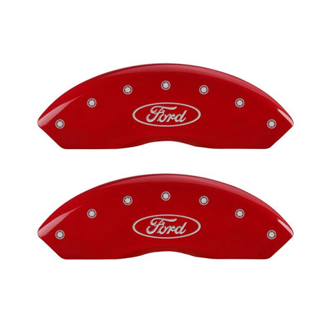 MGP 4 Caliper Covers Engraved Front & Rear Oval logo/Ford Red finish silver ch - 10024SFRDRD