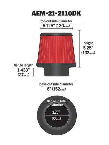 AEM 3.25 inch DRY Flow Short Neck 5 inch Element Filter Replacement - 21-2110DK