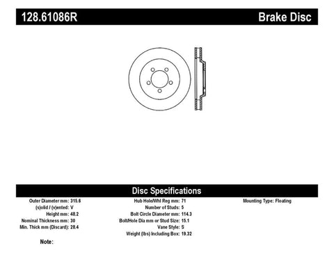 StopTech Power Slot 05-10 Mustang GT V8-4.6L Front Right Drilled Rotor - 128.61086R