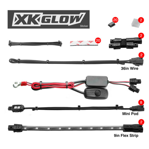 XK Glow Strips Single Color XKGLOW LED Accent Light Motorcycle Kit White - 8xPod + 2x8In - XK034001-W