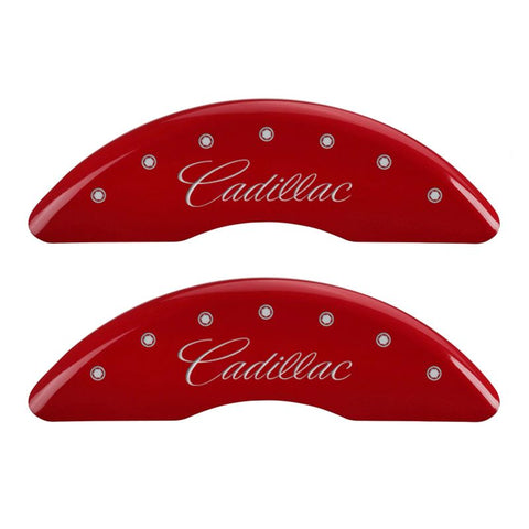 MGP 4 Caliper Covers Engraved Front & Rear Cursive/Cadillac Red Finish Silver Char 2016 Cadillac CT6 - 35026SCADRD