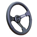 NRG Reinforced Steering Wheel (350mm / 3in. Deep) Black Leather w/ Black Stitching - RST-018R