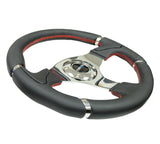 NRG Reinforced Steering Wheel (320mm) Blk Leather/Red Stitching w/Chrome 3-Spoke Center - RST-008R