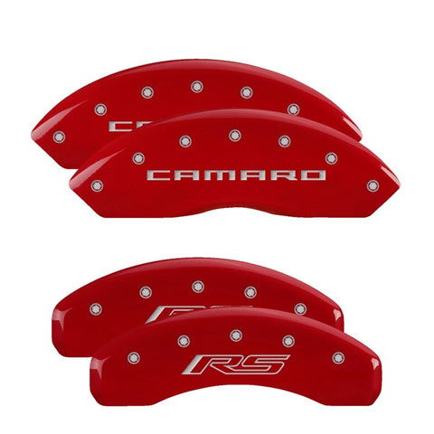 MGP 4 Caliper Covers Engraved Front Gen 5/Camaro Engraved Rear Gen 5/RS Red finish silver ch - 14240SCR5RD