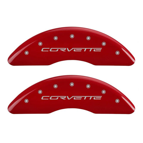 MGP 4 Caliper Covers Engraved Front C6/Corvette Engraved Rear C6/Z06 Red finish silver ch - 13083SCZ6RD