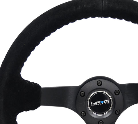 NRG Reinforced Steering Wheel (350mm / 3in. Deep) Blk Suede/Blk Bball Stitch w/5mm Matte Black Spoke - RST-036MB-S-BK