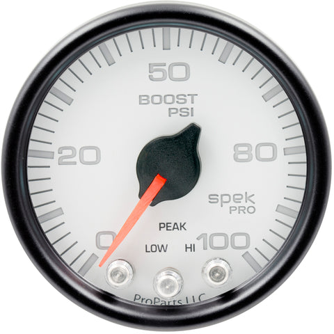 Autometer Spek-Pro Gauge Boost 2 1/16in 100psi Stepper Motor W/Peak & Warn Wht/Blk - P30512