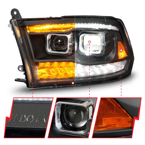 ANZO 09-18 Dodge Ram 1500/2500/3500 Full LED Proj Headlights w/Switchback Light Bar - Black - 111595