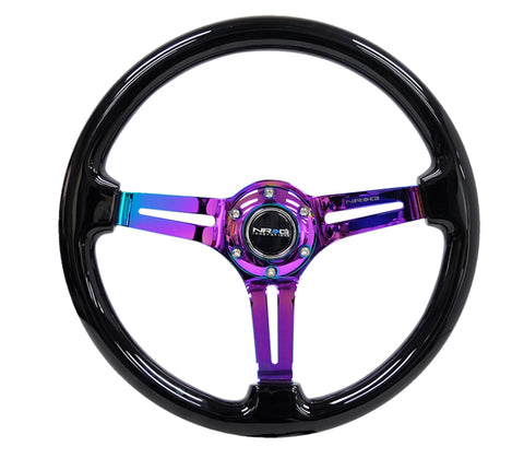 NRG Reinforced Steering Wheel (350mm / 3in. Deep) Blk Wood w/Blk Matte Spoke/Neochrome Center Mark - RST-018BK-MC