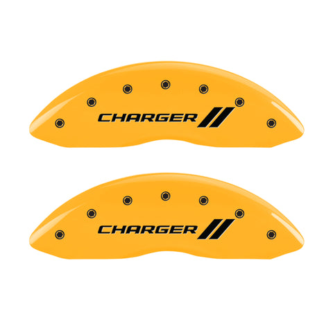 MGP 4 Caliper Covers Engraved Front & Rear With stripes/Charger Yellow finish black ch - 12181SCH1YL