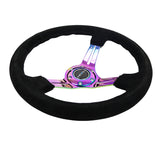 NRG Reinforced Steering Wheel (350mm / 3in. Deep) Blk Suede/Blk Stitch w/Neochrome Slits - RST-018S-MCBS