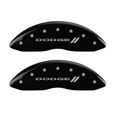 MGP 4 Caliper Covers Engraved Front & Rear With stripes/Dodge Black finish silver ch - 12005SDD3BK