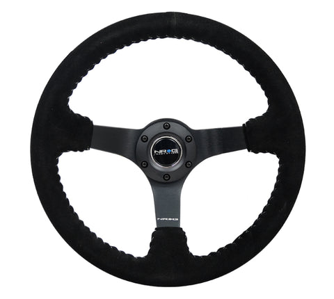 NRG Reinforced Steering Wheel (350mm / 3in. Deep) Blk Suede/Silver BBall Stitch w/5mm Mt. Blk Spokes - RST-036MB-S-SL