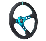 NRG Reinforce Steering Wheel (350mm / 3in. Deep) Blk Leather, Teal Center Mark w/ Teal Stitching - RST-006TL