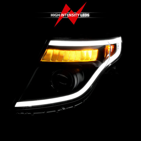 ANZO 11-15 Ford Explorer (w/Factory Halogen HL Only) Projector Headlights w/Light Bar Black Housing - 111575