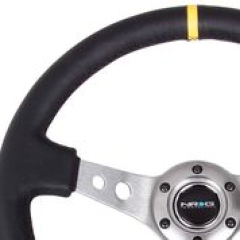 NRG Reinforced Steering Wheel (350mm / 3in. Deep) Blk Leather w/Gunmetal Cutout Spoke & Yellow CM - RST-006GM-Y