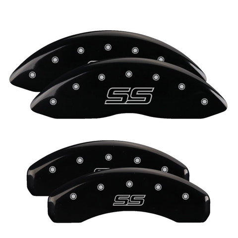 MGP 4 Caliper Covers Engraved Front & Rear Trailblazer style/SS Black finish silver ch - 14031STSSBK