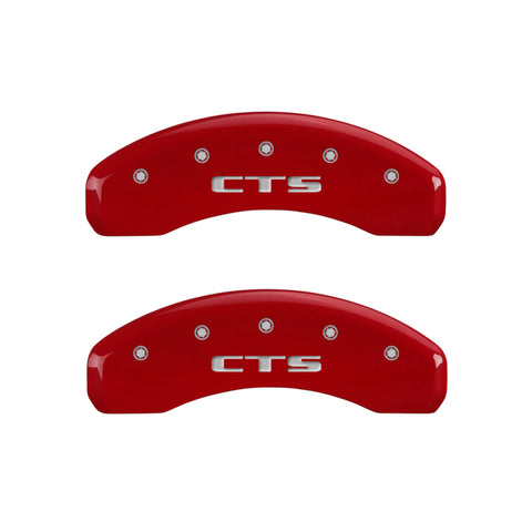 MGP 4 Caliper Covers Engraved Front Cursive/Cadillac Engraved Rear CTS Red finish silver ch - 35013SCTSRD