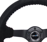 NRG Reinforced Steering Wheel (350mm / 3in. Deep) Blk Suede/Red BBall Stitch w/5mm Matte Blk Spokes - RST-036MB-S-RD