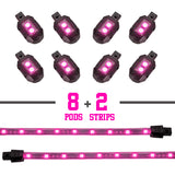 XK Glow Strips Single Color XKGLOW LED Accent Light Motorcycle Kit Pink - 8xPod + 2x8In - XK034001-P