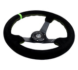 NRG Reinforced Steering Wheel 350mm/3in. Deep Blk Suede/ Neon Green Stitch w/5mm Matte Black Spoke - RST-036MB-S-GN