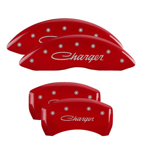 MGP 4 Caliper Covers Engraved Front & Rear Cursive/Charger Red finish silver ch - 12001SCHSRD