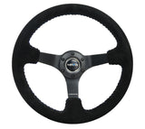 NRG Reinforced Steering Wheel (350mm / 3in. Deep) Blk Suede/Blue BBall Stitch w/5mm Matte Blk Spokes - RST-036MB-S-BL