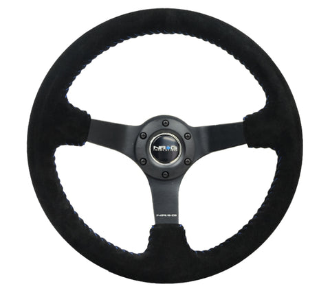 NRG Reinforced Steering Wheel (350mm / 3in. Deep) Blk Suede/Blue BBall Stitch w/5mm Matte Blk Spokes - RST-036MB-S-BL