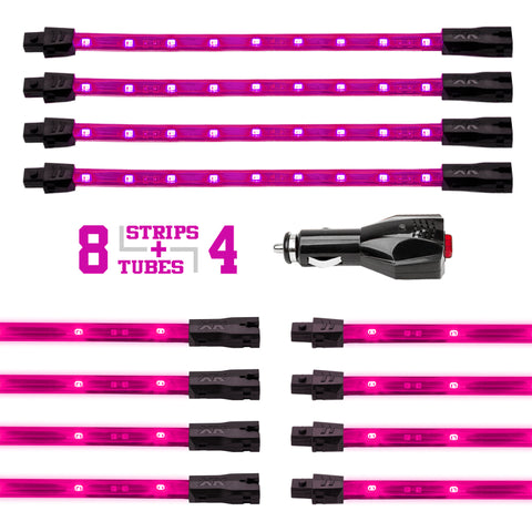 XK Glow Strip Single Color Underglow LED Accent Light Car/Truck Kit Pink - 8x24In Tube Car + 4x8In - XK041005-P