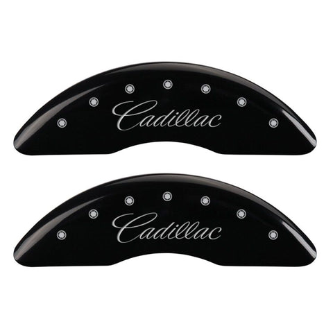 MGP 4 Caliper Covers Engraved Front & Rear Cursive/Cadillac Black finish silver ch - 35024SCADBK