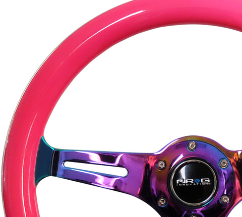 NRG Classic Wood Grain Steering Wheel (350mm) Neon Pink Painted Grip w/Neochrome 3-Spoke Center - ST-015MC-NPK