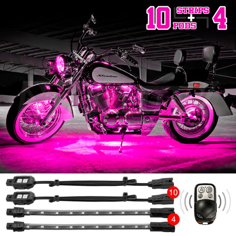 XK Glow Strips Single Color XKGLOW LED Accent Light Motorcycle Kit Pink - 10xPod + 4x8In - XK034002-P