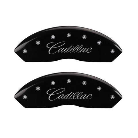 MGP 4 Caliper Covers Engraved F & R Cursive/Cadillac Black Finish Silver Char 2017 Cadillac XT5 - 35025SCADBK